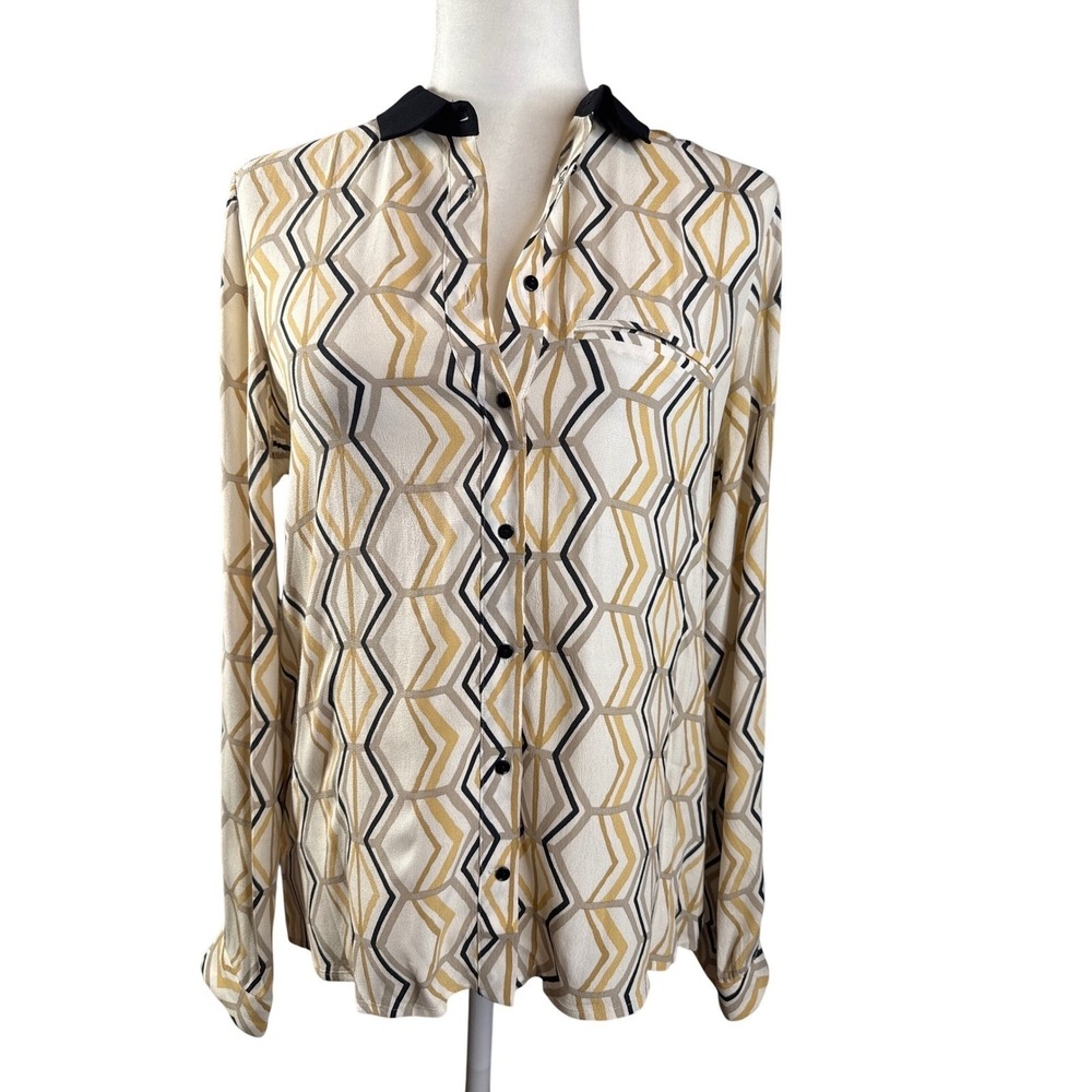 ZARA Basic Geometric Print Button Down‎ Long Sleeve Shirt Women's Size S - Picture 2 of 9